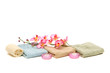canvas print picture - spa towels, candles, loofah and pink orchid