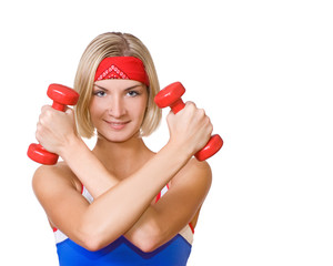 fitness trainer with two red dumbbells