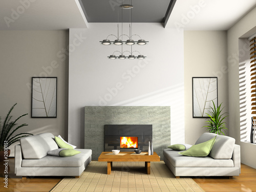 Fotografía home interior with fireplace and sofas 3d rendering
