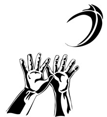 Poster - rugby ball hands catching black