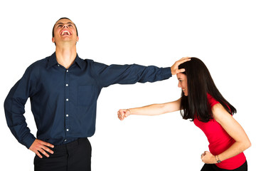 businessman fighting with businesswoman on white b