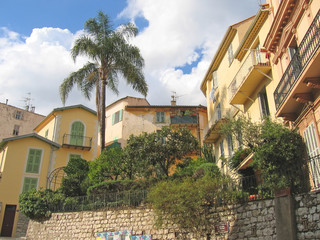 provencal yellow house of menton with a plam tree, azur coast, s