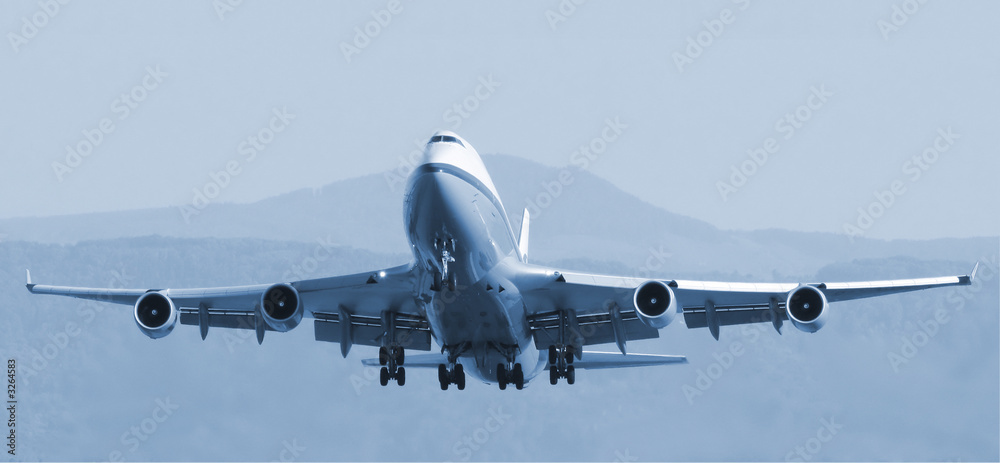 decollage boeing 747 bleu - obrazy, fototapety, plakaty 