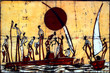 African art batik wall decoration with people and sail boats.