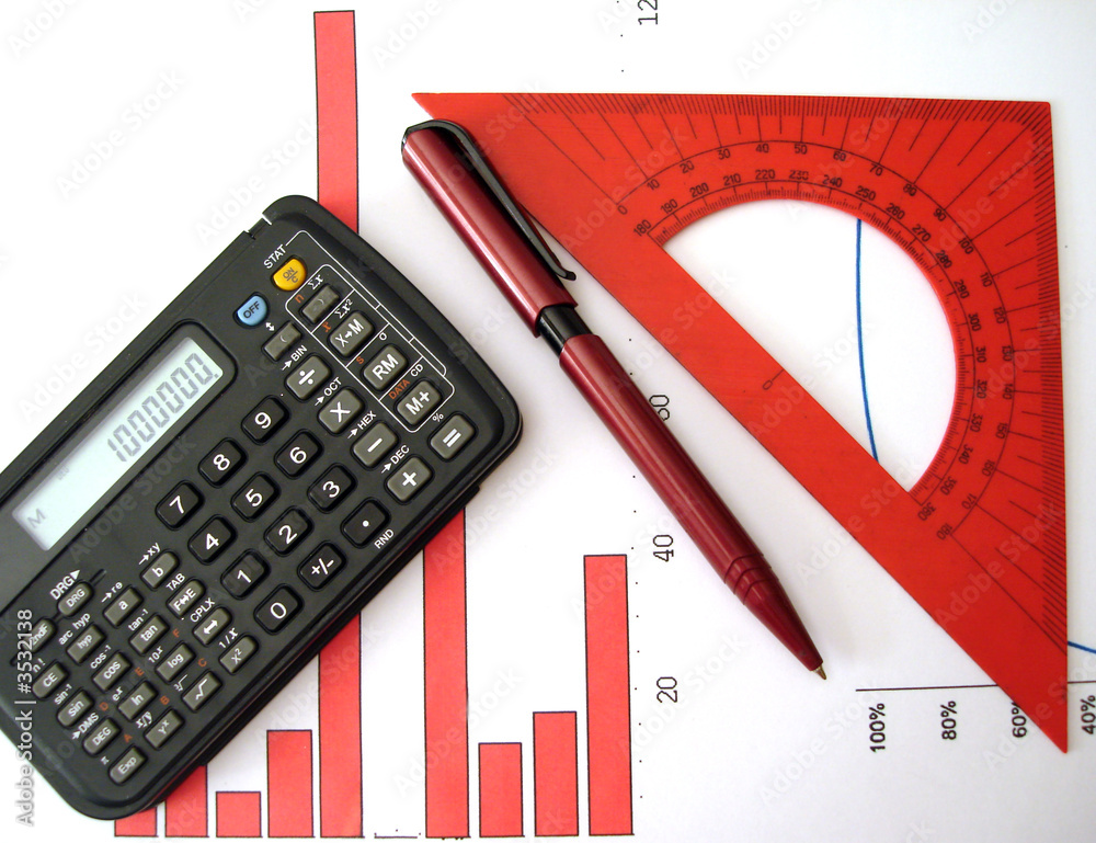 Accounts Ruler calculator, pen, ruler and red diagram of financial report Stock Photo ...