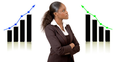 this is an image of a businesswoman in front of two graphs.