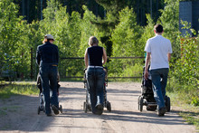 Three People Walking In The Park  With Baby Carriages