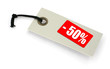 close-up of a Sale tag against white, a small shadow under it