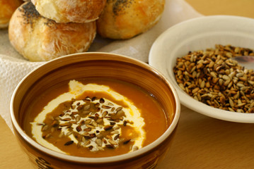 Sticker - Butternut soup, sunflower seed and rolls