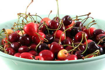 ripe cherry in a light green blue plate