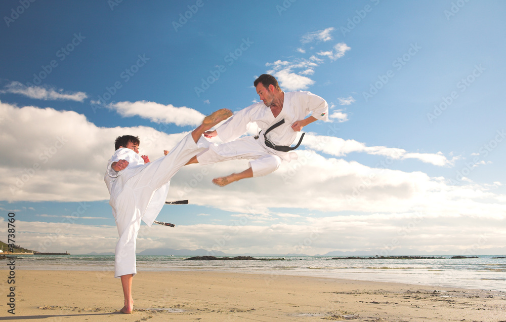 Αφίσα Young adult men practicing Karate on the beach