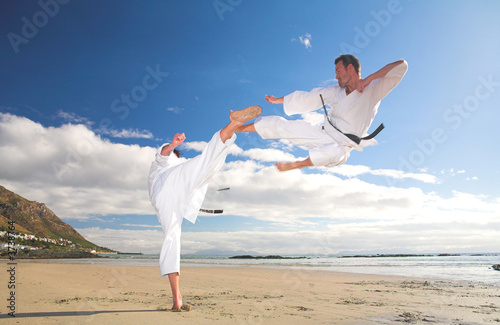 Εκτύπωση καμβά Men practicing Karate on the beach