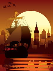 Sticker - Modern city and ancient ship sailing