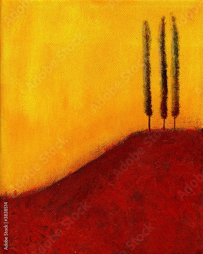 This is an abstract painting of trees on a hill. - 3838514