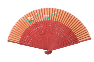 Wall Mural - A red Asian fan wit a flower pattern, isolated on white.