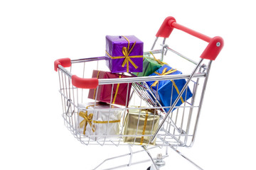  A shopping cart full of bright colored presents isolated 