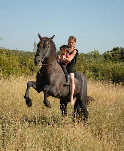 Photographie jeune cavalieres et cheval fougueux