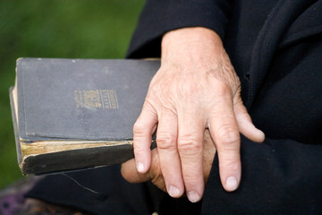 Wall Mural - Senior's hands on old book