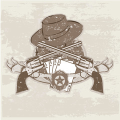 Vector insignia and banner with  two guns and  hat