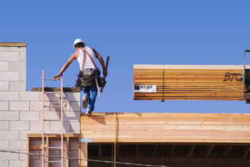 Wall Mural - Carpenter climbing up ladder at a construction scene.