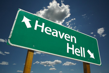 Wall Mural - Heaven, Hell Road Sign with dramatic clouds and sky.