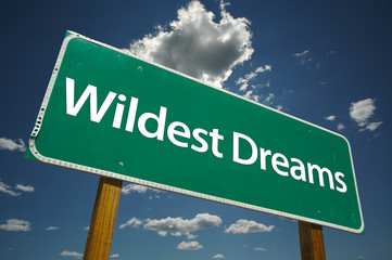 Wildest Dreams Road Sign with blue sky and clouds.