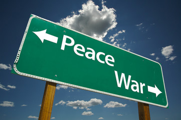 Wall Mural - Peace, War Road Sign with dramatic blue sky and clouds