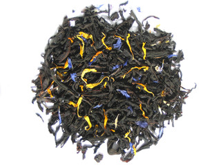 Wall Mural - Aromatic black tea leaves with sunflower and cornflower petal