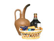 Still-life with a wine bottle, a jug and a basket with a dessert