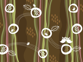 Poster - retro owls and nest on brown