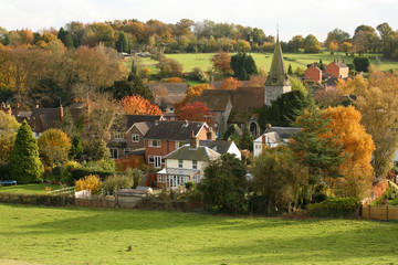 English Village with church in Autumn