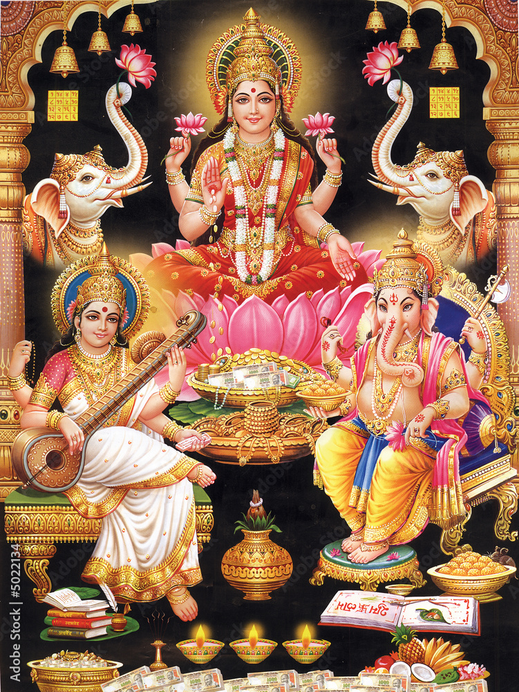 Indian Godess Maa Lakshmi With Maa Saraswati And Ganesh Ji Foto Poster Wandbilder Bei Europosters