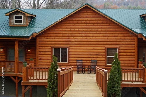 Log Home With Green Tin Roof Buy This Stock Photo And Explore