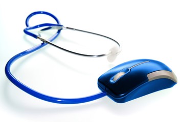 Stethoscope and of mouse lying on white background