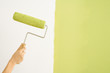 Caucasian female hand holding paint roller next to wall.