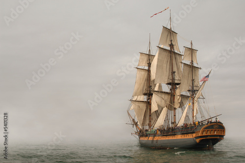 Obraz w ramie Vintage Frigate sailing into a fog bank