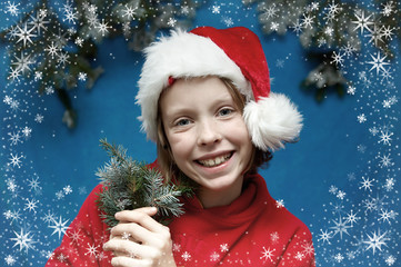 Wall Mural - Children wearing Santa Claus hats and snowflake frame