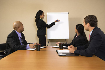 Businesspeople in conference with businesswoman presenting.