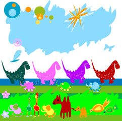 Plakat dinozaury i różne zwierzątka