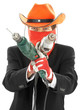 man in corporate suit and cowboy hat with electric drills