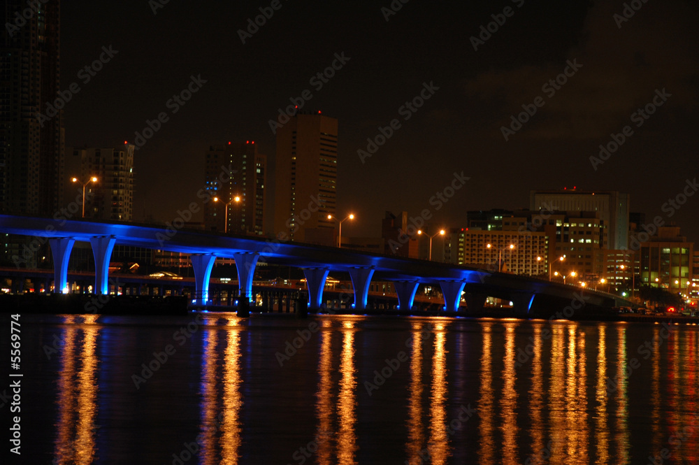 View of Bridge to Port of Miami at Night with Blue Lights.
