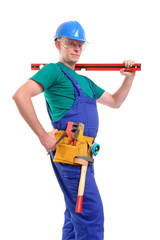 Poster - Builder in blue overall, with toolbelt and spirit level