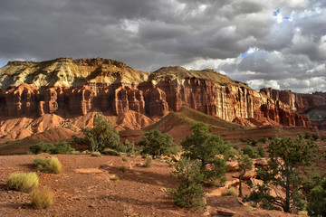 Wall Mural -  The well-known canyon of red rocks, clouds and a tree