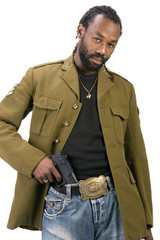 Wall Mural - A Black man in a Army jacket with a gun 