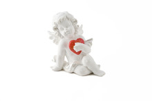 White Cupid With Red Heart Isolated On White Background.