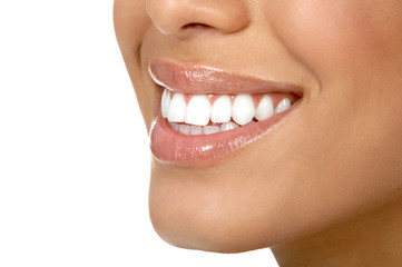 Beautiful young woman teeth. Isolated over  white background..