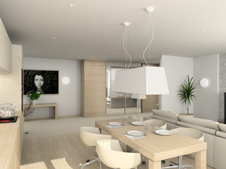 Kitchen with the modern furniture. 3D render.