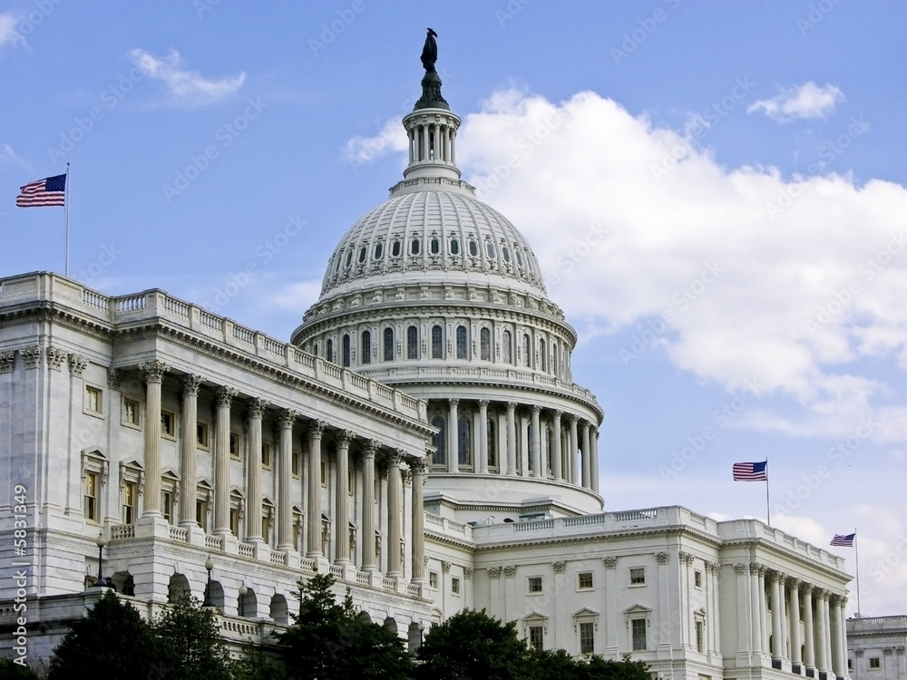US Capitol Building with 3 Flags Flying - obrazy, fototapety, plakaty 