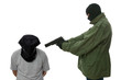 Kidnapper holding a gun to the head of a hooded man.