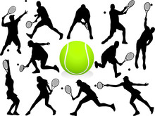 Vector Tennis Players Silhouettes Collection - Tennis Club Set, Mens And Womans Sport Players, Green Ball Illustration